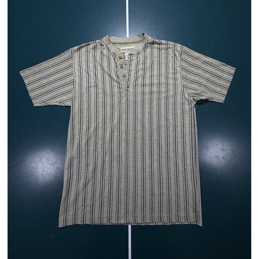 Vintage 90s Streetwear Men Medium Striped Short Sleeve Henley T-Shirt Beige Blue